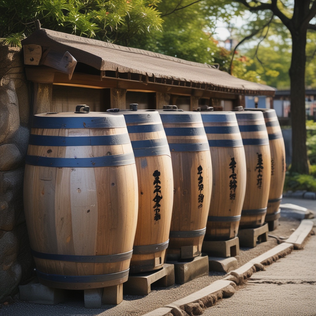 Traditional Japanese sake barrels at a shrine
